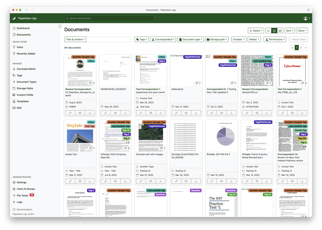 Paperless-ngx dashboard with tagged documents.